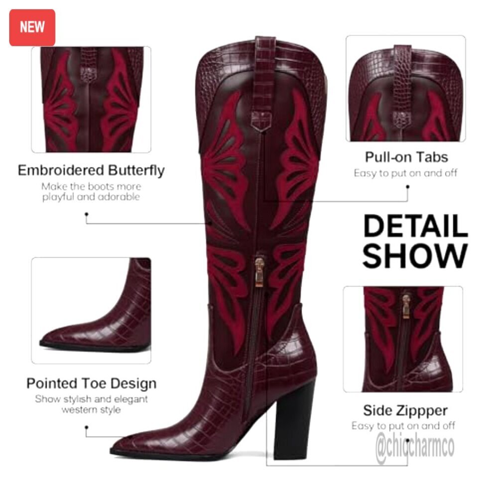 Pointed Toe Knee High Cowboy Boots with Chunky Heel and Butterfly Embroidery - Picture 5 of 7